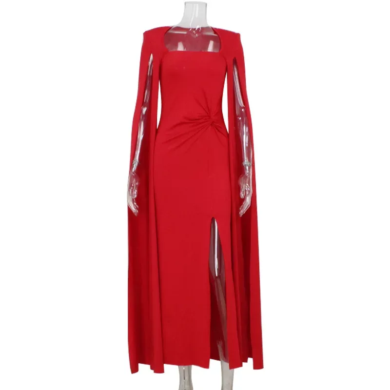 Elegant Long Dress Square Neck Water Sleeve Waist Cinching Solid Color Sexy Design Perfect for R