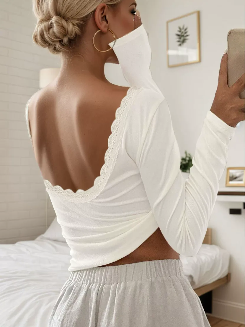 Lace Panel Long Sleeve Top Sexy Slim Fit Backless Design Ribbed Texture Perfect for Parties and