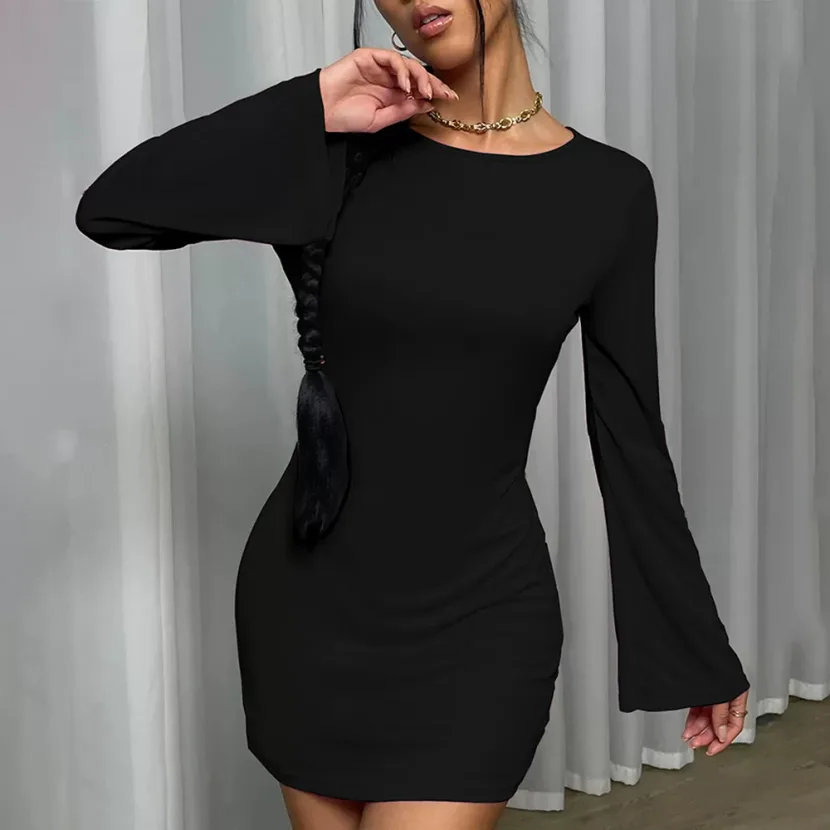 Womens Long Sleeve Bodycon Dress Sexy Backless Round Neck Flared Sleeve Perfect for Parties and