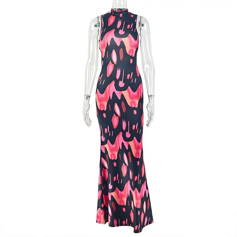 Bodycon Floral Print Maxi Dress Slim Fit Sexy Strapless Hollow Out Design Evening Wear Wholesale