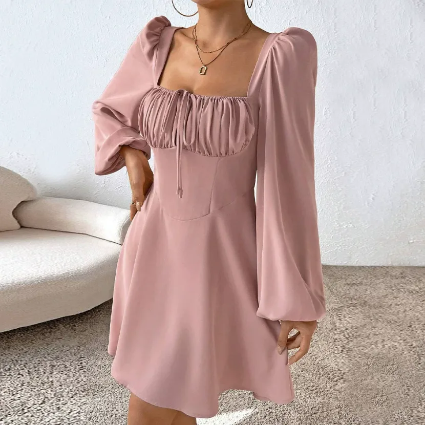 A Line Dress Waist Defined Puff Sleeves Square Neck Sweet Style for Autumn and Winter Wholesale
