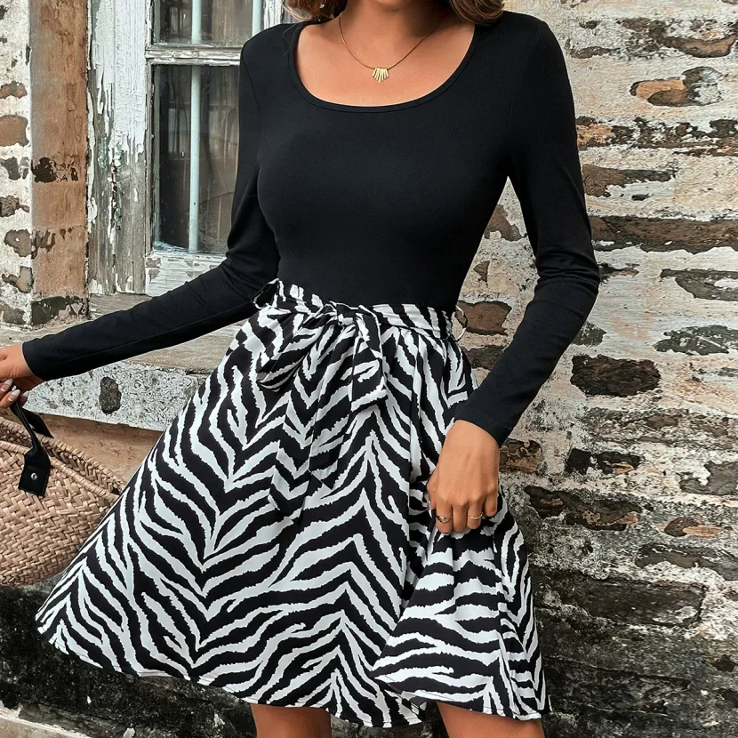 Black and White Striped Color Block Dress Versatile Style Comfortable Fit Perfect for Casual or