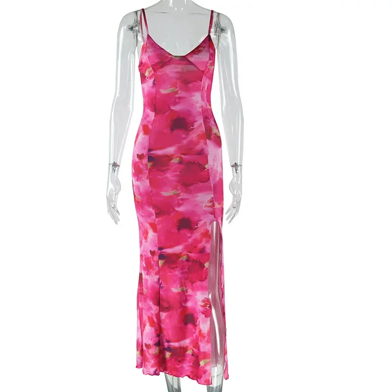 Sleeveless V Neck Floral Print Midi Dress Backless High Slit Elegant Style Perfect for Summer Ev