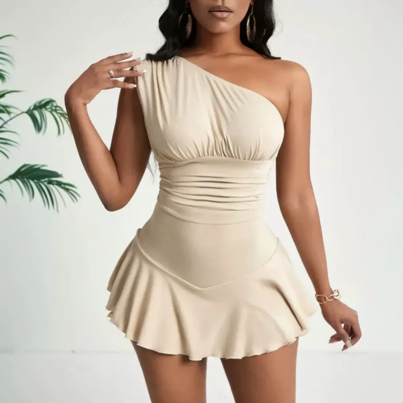 Elegant Womens Dress Asymmetrical Neckline High Waist Flared Hem Spring Summer Fashion Wholesale
