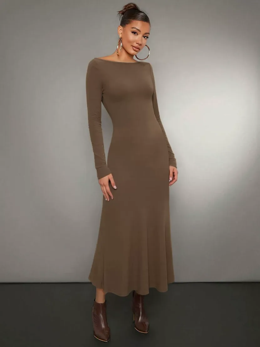 Solid Color Long Sleeve Bodycon Dress Mermaid Hem Off Shoulder Neckline Mid Length Perfect for P