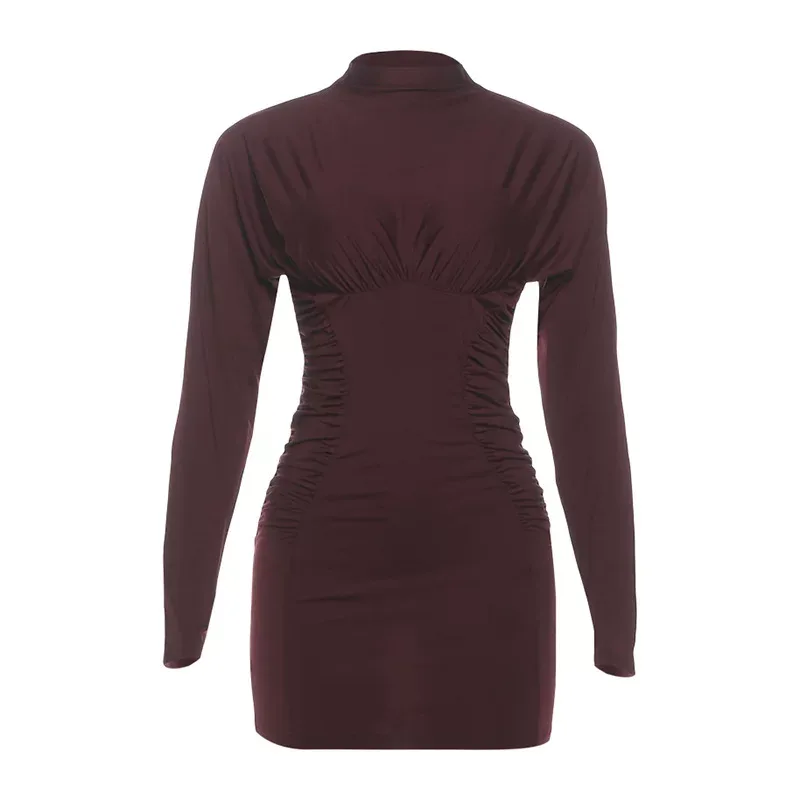 Fashionable Long Sleeve Bodycon Dress Solid Color Pleated Sexy Waist Cinching Autumn Winter Wear