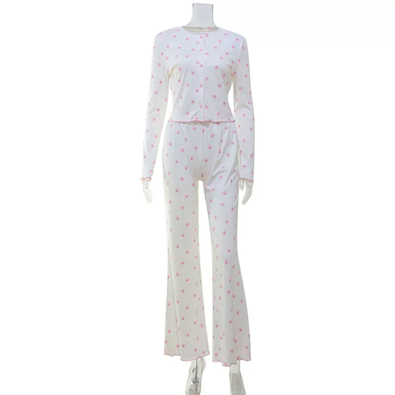 Floral Print Long Sleeve Loungewear Set Ruffled Edges Comfortable Fit Casual Style Perfect for S