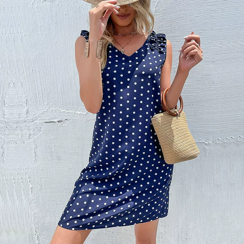Summer Womens Dress Ruffle Trim Polka Dot Sleeveless Casual Wear or Beach Outing Wholesale Avail