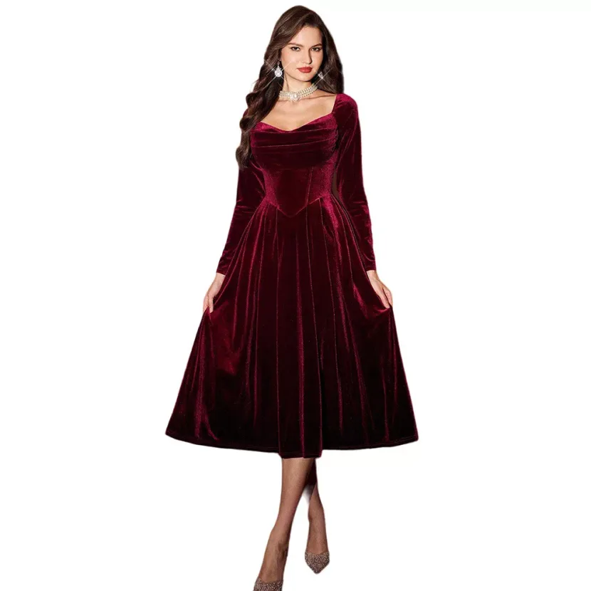 Wine Red Velvet Long Sleeve Square Neck A Line Dress Vintage Style Spring Summer Occasion Wholes