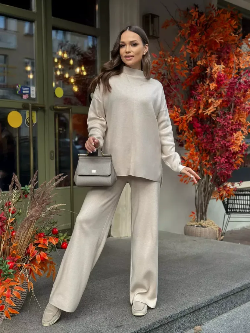 Womens Autumn Winter Oversized Sweater and Pants Set Long Sleeve Casual Split Design Perfect for