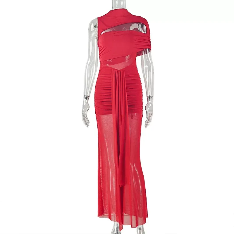 Asymmetrical Ruched Bodycon Dress Sleeveless Round Neck Waist Cinching Elegant Casual Wear for W