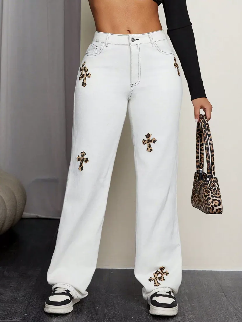 Casual Leopard Print Straight Leg Jeans Womens Fashion European and American Style Perfect for E