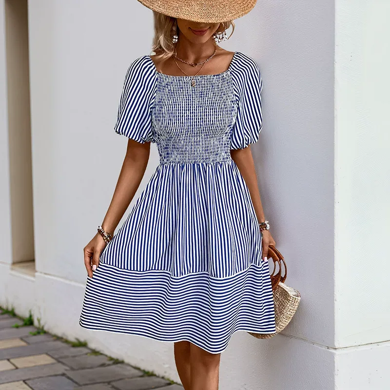 French Country Style Striped Dress Sweet Square Neck Puff Sleeves Lightweight Fabric Perfect for