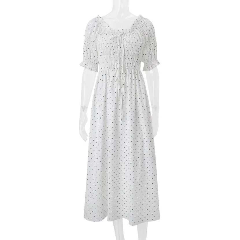Womens Vintage Polka Dot Midi Dress Elegant Fit and Flare Puff Sleeve Summer Casual Wear