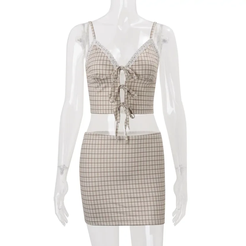 Vintage Inspired Womens Summer Outfit V Neck Plaid Cami Top Bodycon Mini Skirt Set Perfect for C
