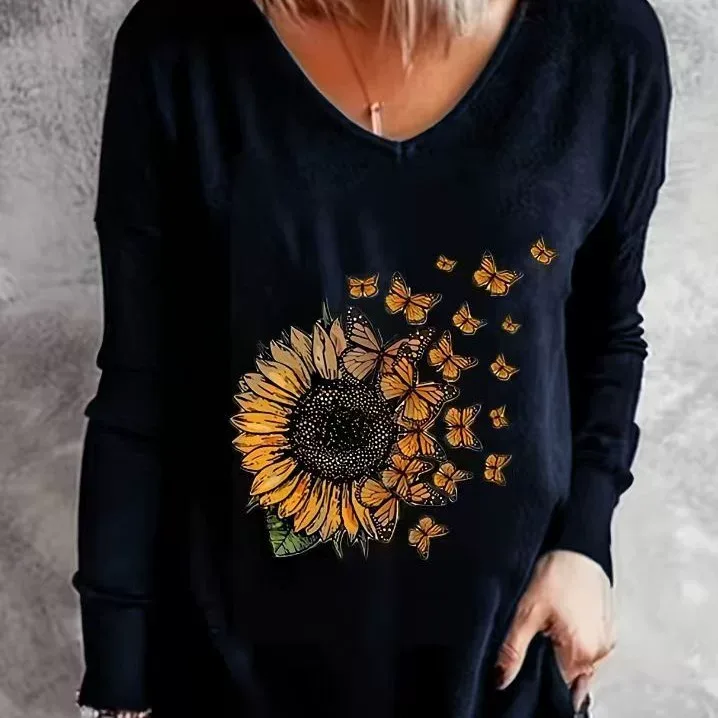 Womens Long Sleeve T Shirt V Neck Loose Fit Sunflower Print Summer Casual Wear Wholesale Availab