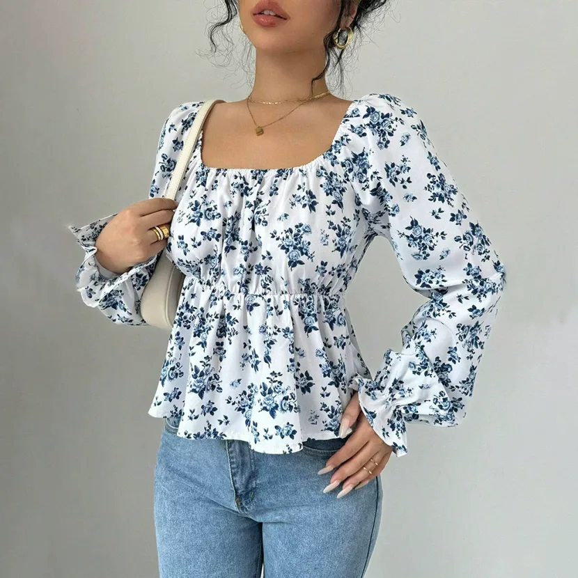 Floral Print Puff Sleeve T Shirt Fresh and Sweet Design Spring Summer Casual Wear Wholesale Avai