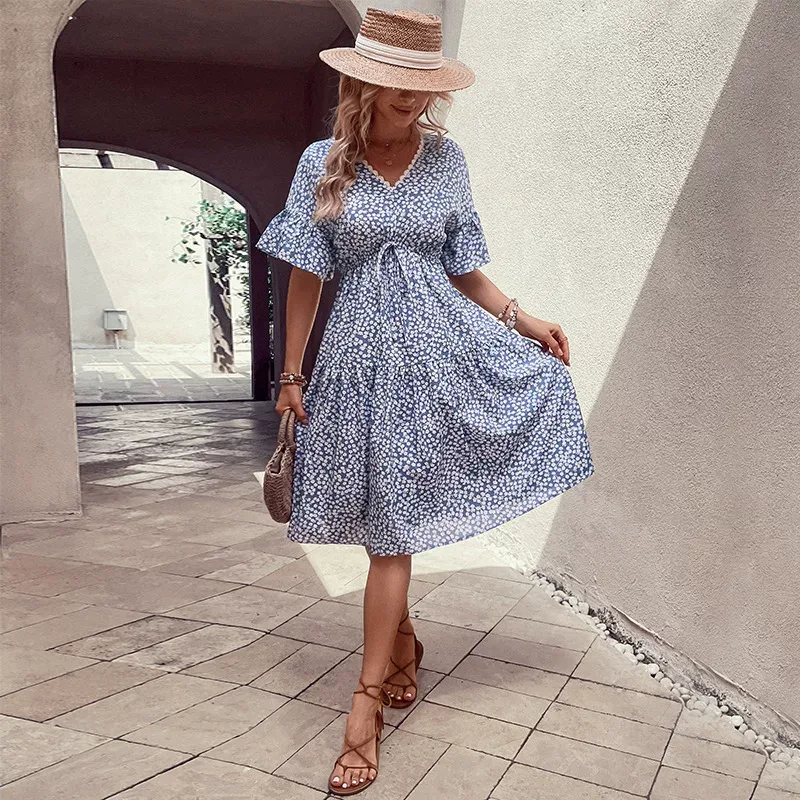Blue Floral Print V Neck Summer Dress for Women Fresh and Sweet Style Available in Multiple Sizes Wholesale Supply