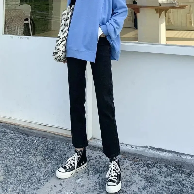 2022黑色高腰直筒牛仔裤女春秋季宽松显瘦九分微喇烟管裤胖MM裤子