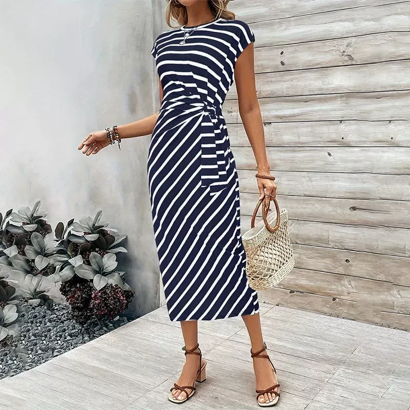 Elegant Striped Maxi Dress Waist Tie Round Neck Short Sleeve Summer Fashion for Women Wholesale