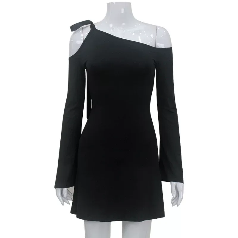Off Shoulder Long Sleeve Bodycon Dress Slim Fit Solid Color Adjustable Straps Evening Wear Cockt
