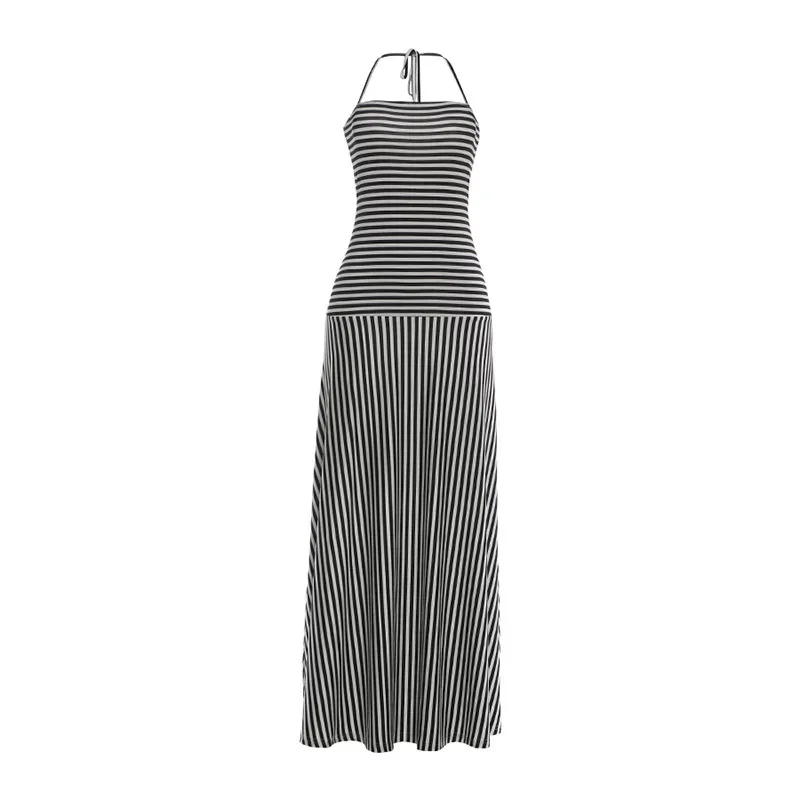 Womens Summer Dress French Style Striped Halter Neck Long Dress Sexy Backless Design