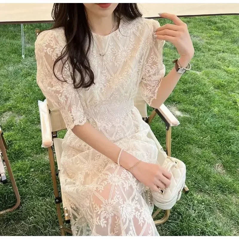 Lace Dress for Women Puff Sleeve High Waist A Line Design Elegant Short Sleeve for Summer