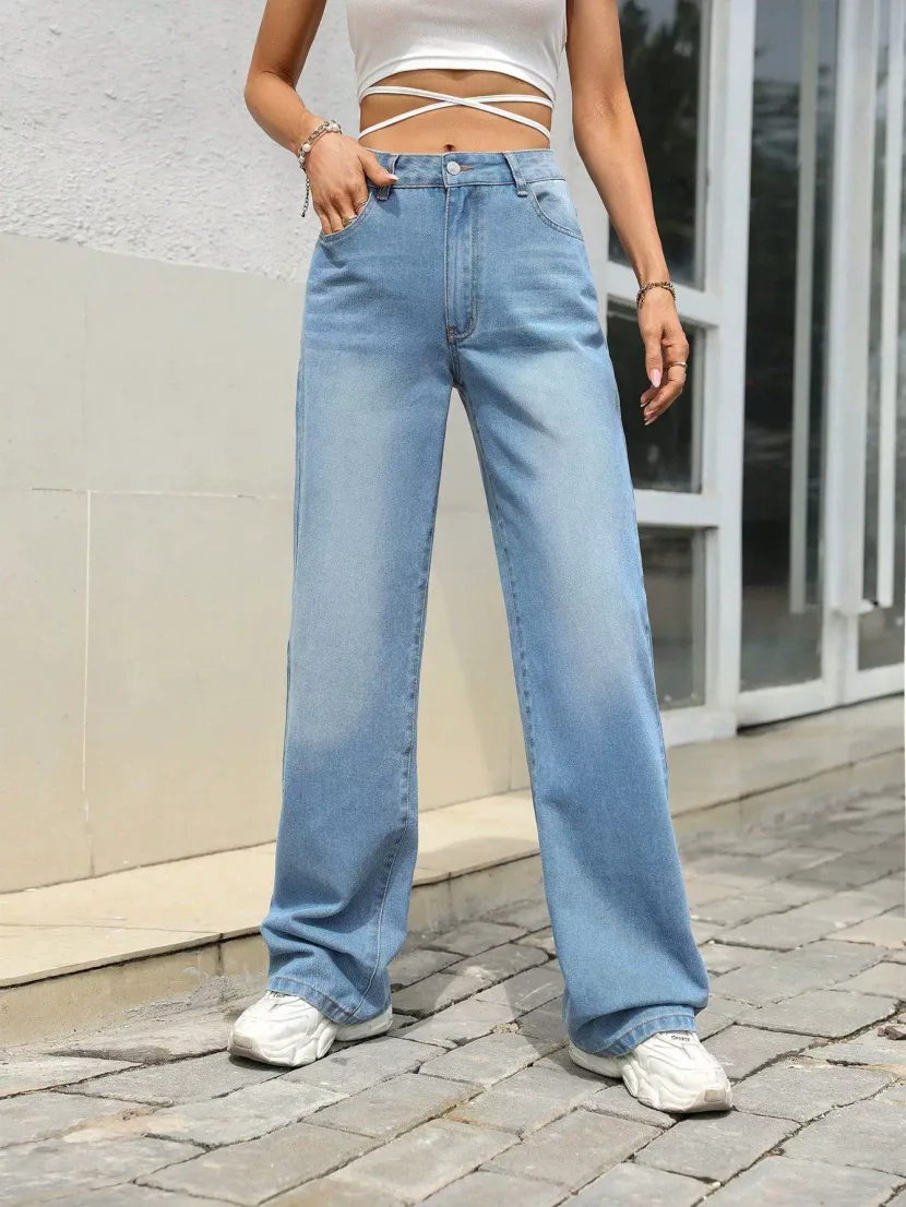 Vintage Wide Leg Denim Pants Loose Fit Retro Style High Waist Casual Wear for Women Wholesale Av