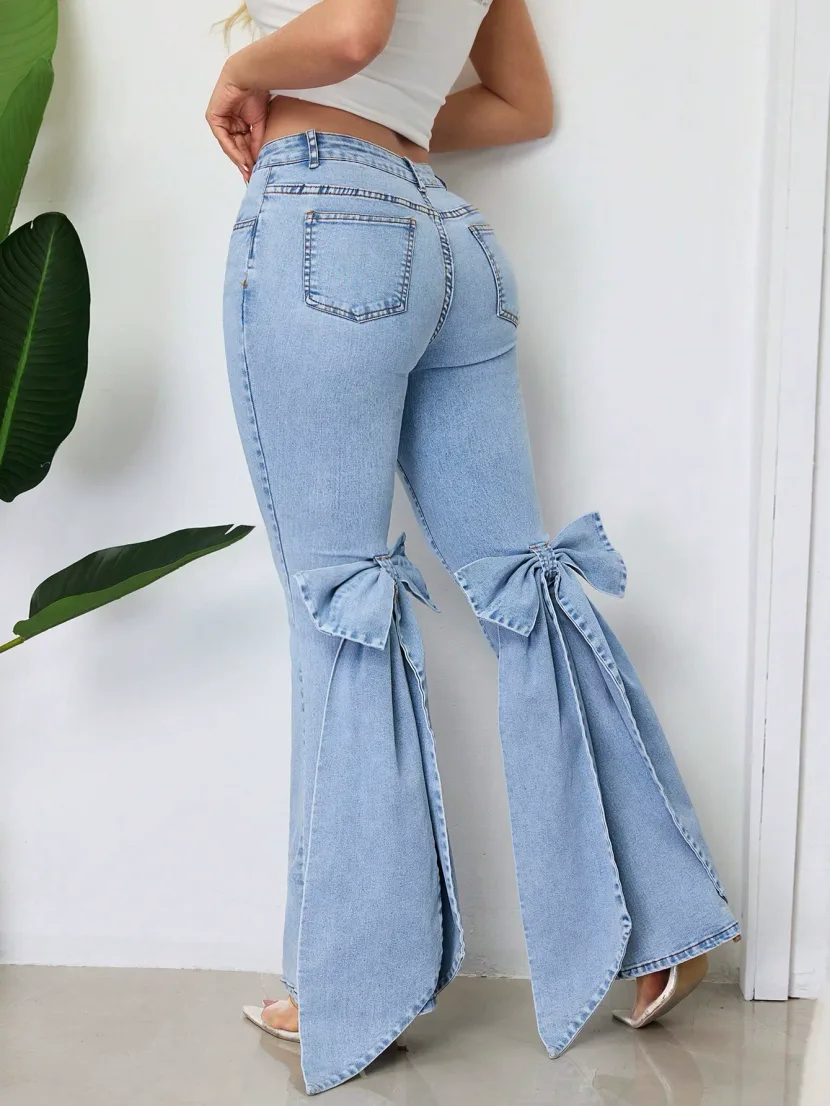 High Waisted Flared Jeans Vintage Style 3D Bow Detail Slim Fit Stretch Fabric Casual Wear Wholes