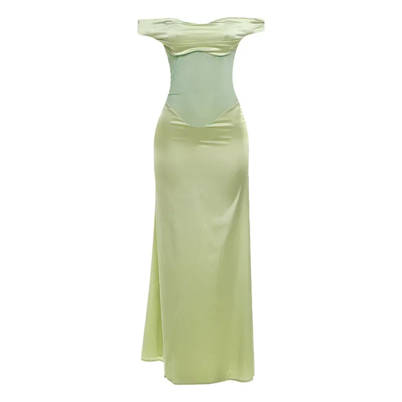 Off Shoulder Sheer Mesh Bodycon Maxi Dress Sexy Form Fitting Elegant Evening Wear Party Dress OE