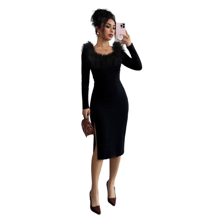 Black Plush Collar Long Dress for Women Slim Fit Side Split Elegant Style Perfect for Spring Sum