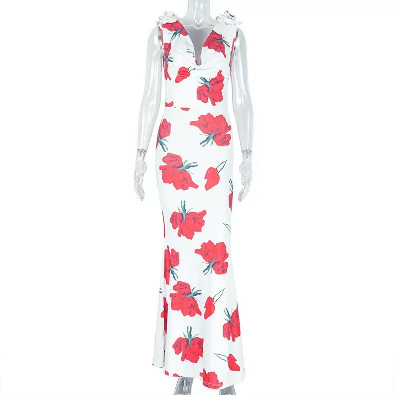 Elegant Floral Print Backless Long Dress Wrinkled Design Slim Fit Mid Waist Perfect for Parties
