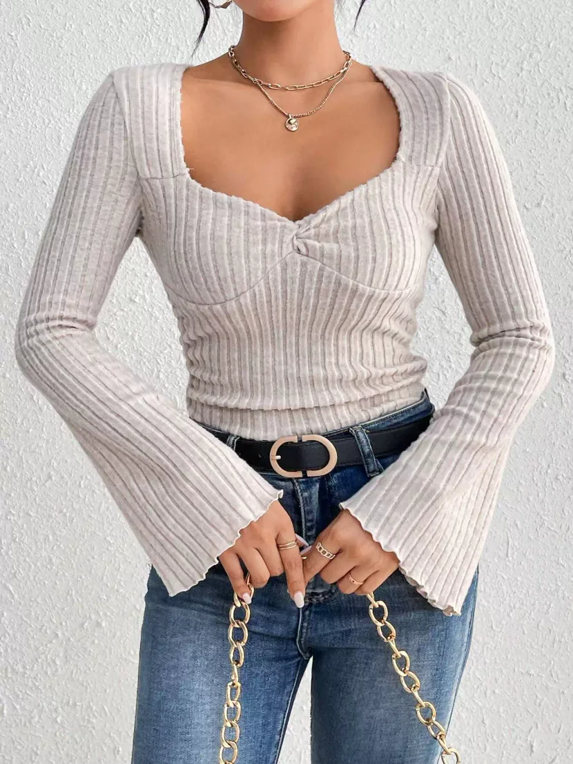 Elegant Womens T Shirt Square Neck Flared Sleeves Slim Fit Spring Summer Casual Wear Wholesale A