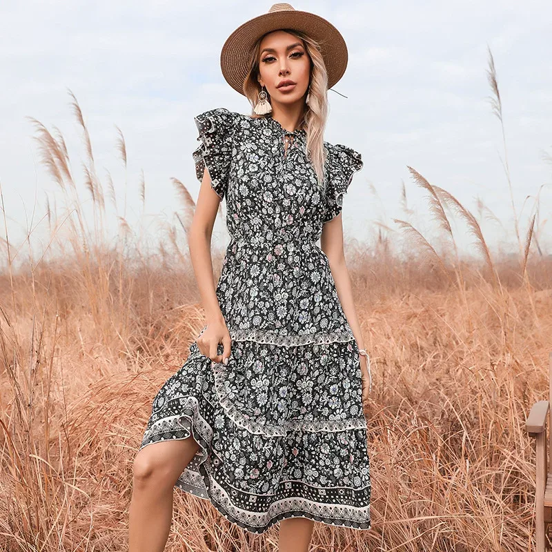 Vintage Floral Ruffle Hem Dress Slim Fit Bohemian Style Summer Wear Available for Wholesale OEM