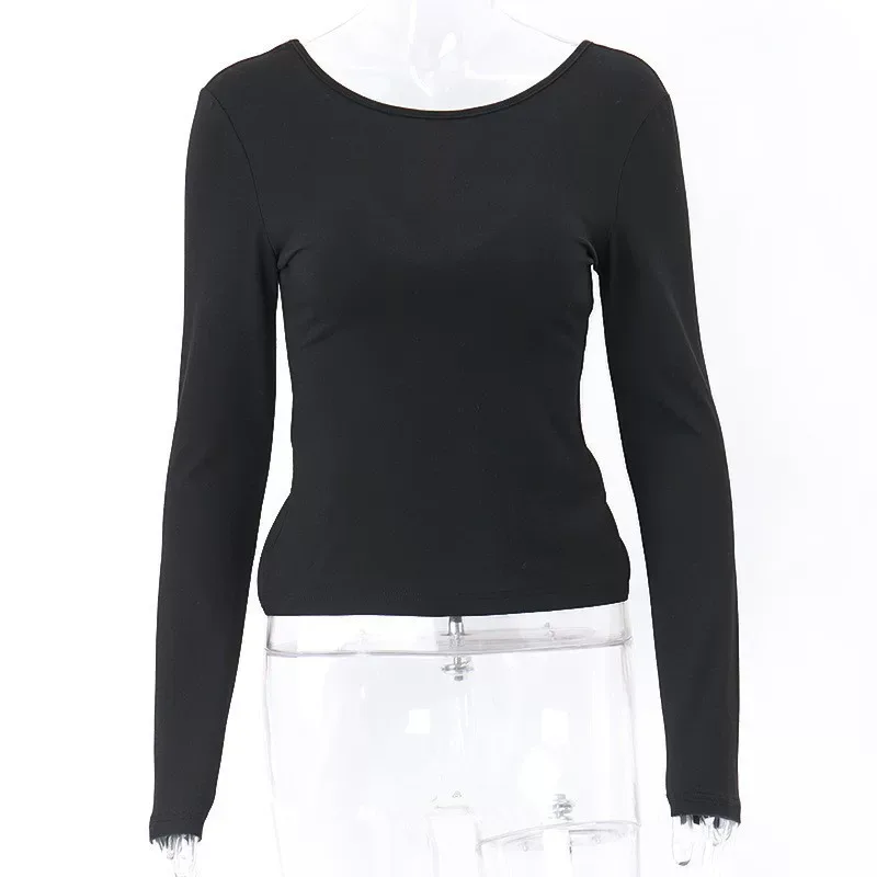 Womens Long Sleeve T Shirt Sexy Hollow Back Design Slim Fit Round Neck Autumn Fashion for Casual