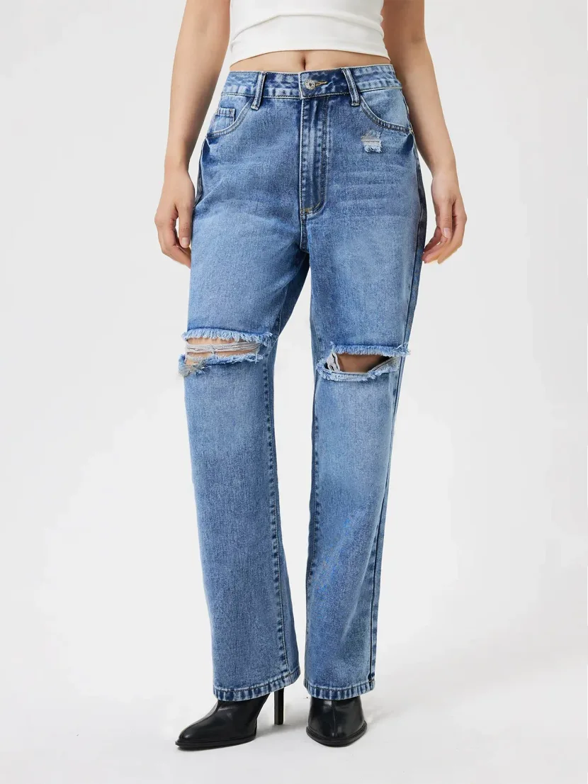Womens Distressed Wide Leg Jeans Casual Fashion Trendy Style Comfortable Fit Perfect for Everyda