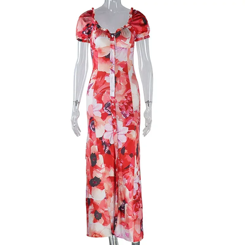 Bubble Short Sleeve U Neck Dress Fashionable Print Mid Length Button Cardigan Irregular Hem Casu