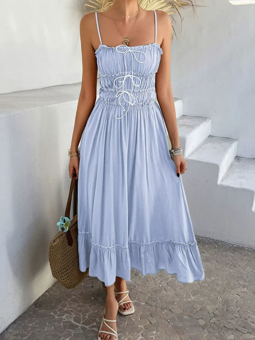 Light Blue A Line Midi Dress for Women Adjustable Straps Flowy Skirt French Style Perfect for Ca
