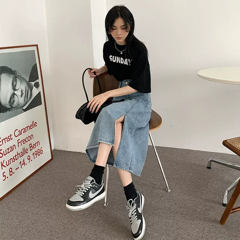 高腰开叉牛仔半身裙女2023春夏新款时尚显瘦气质中长款包臀长裙子