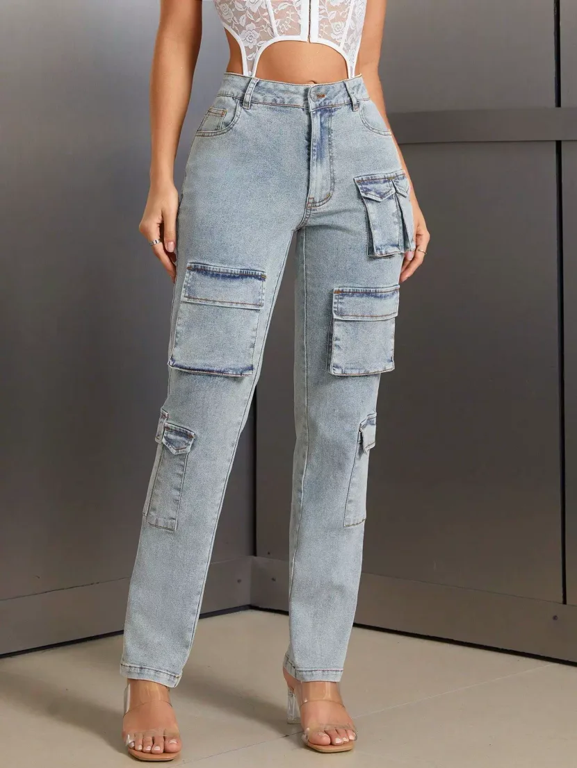 Womens Cargo Denim Trousers Multi Pocket Design Casual Style Comfortable Fit Perfect for Everyda
