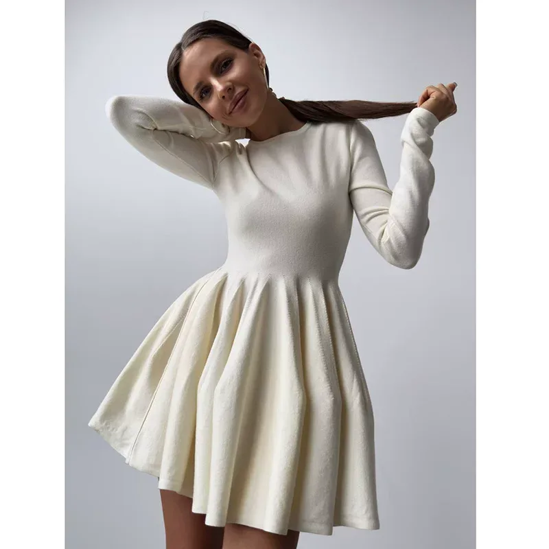 Knit Dress Round Neck Waist Defined Pleated Design Casual Chic for Everyday Wear Wholesale Avail
