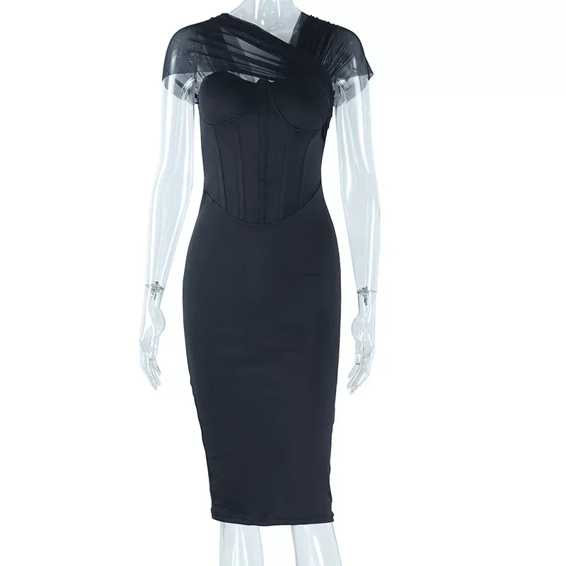 Short Sleeve Bodycon Dress Solid Color Sheer Mesh Panels Mid Length Slim Fit Casual or Evening W