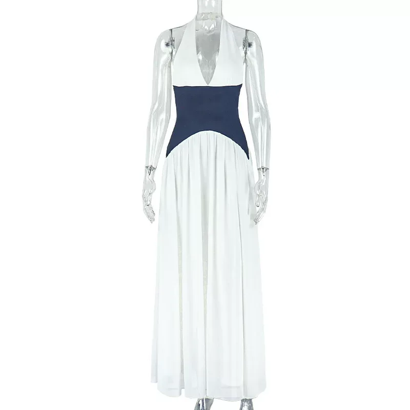 A Line Dress Ruched Color Block Deep V Neck Backless Elegant Evening Wear Wholesale Available