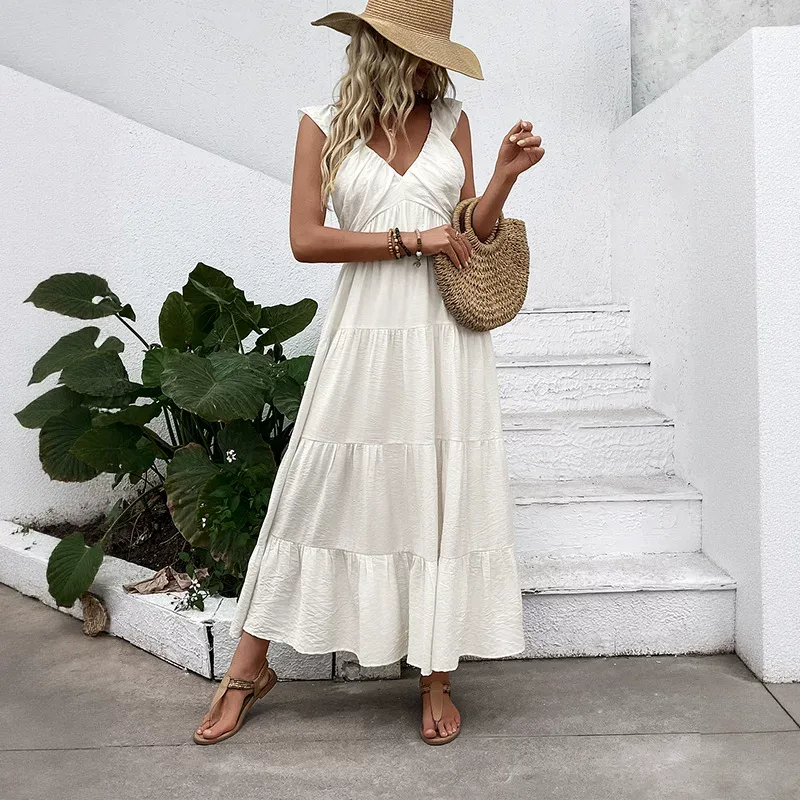Sleeveless V Neck White Dress Simple Design Beach Vacation Style Lightweight Fabric Wholesale Av