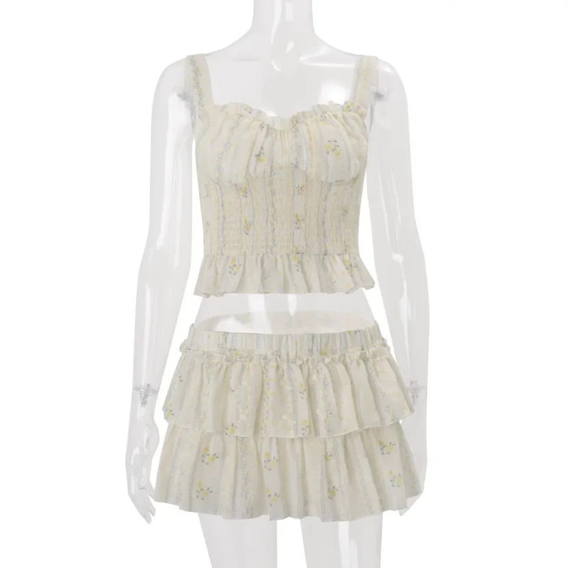 Floral Print Crop Top and Puff Skirt Set Sexy Elegant Spring Womens Fashion for Casual Outings W