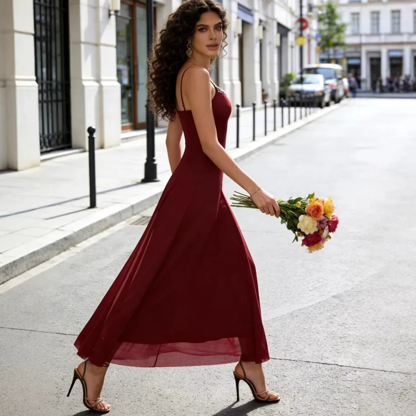 French Style Embellished A Line Dress Rhinestone Detail Mesh Fabric Slim Fit Spaghetti Straps Ev