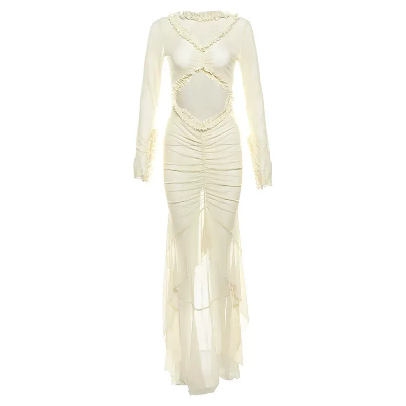 Summer Womens Dress V Neck Sheer Hollow Out Ruffled Lace Slim Fit Perfect for Parties and Events