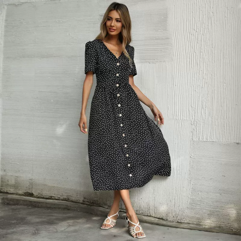 Womens Summer Dress Short Sleeve V Neck Button Design Polka Dot Pattern Casual Midi Length