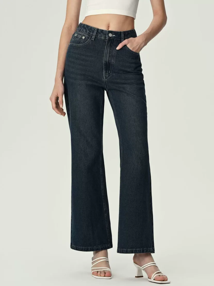 Vintage Blue Wide Leg Flared Jeans for Women Loose Fit High Waisted Slimming Style Casual Wear W