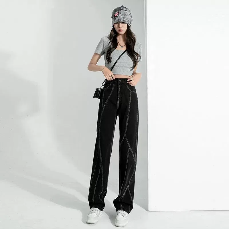 阔腿牛仔裤女2023春季新款高腰拼接设计感宽松高街ins休闲直筒裤